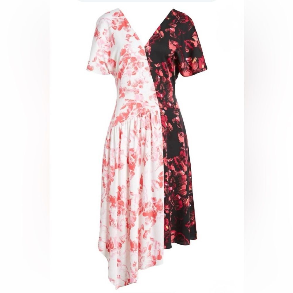 Lewit Nordstrom Silk Asymmetrical Dress in Black and White Floral - Size 8